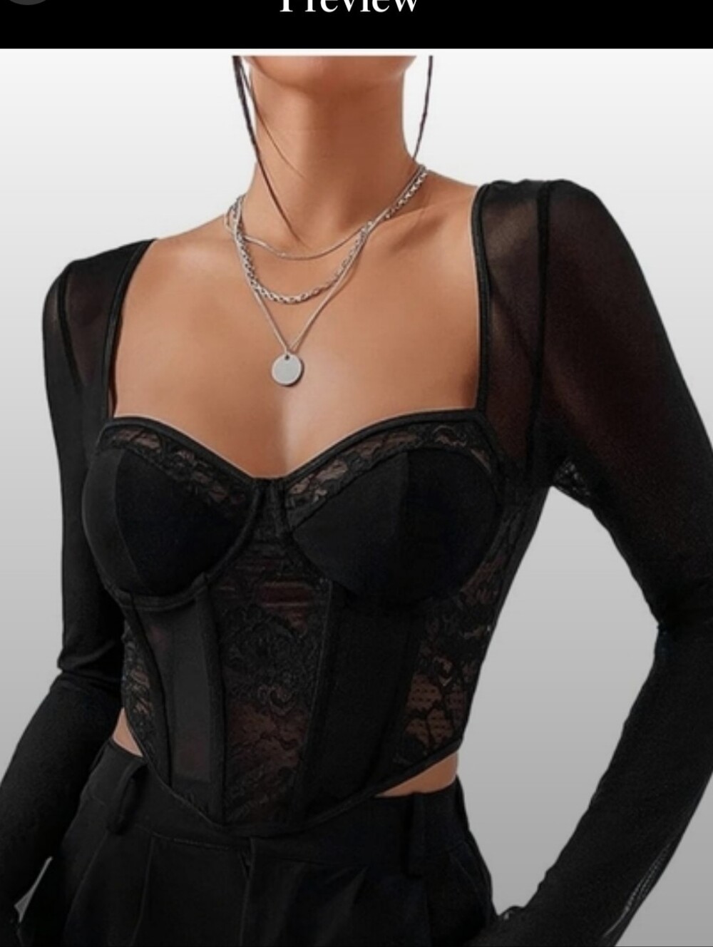 FEOYA BLACK Floral Lace Corset Tops Y2K Asymmetrical Mesh Sheer L